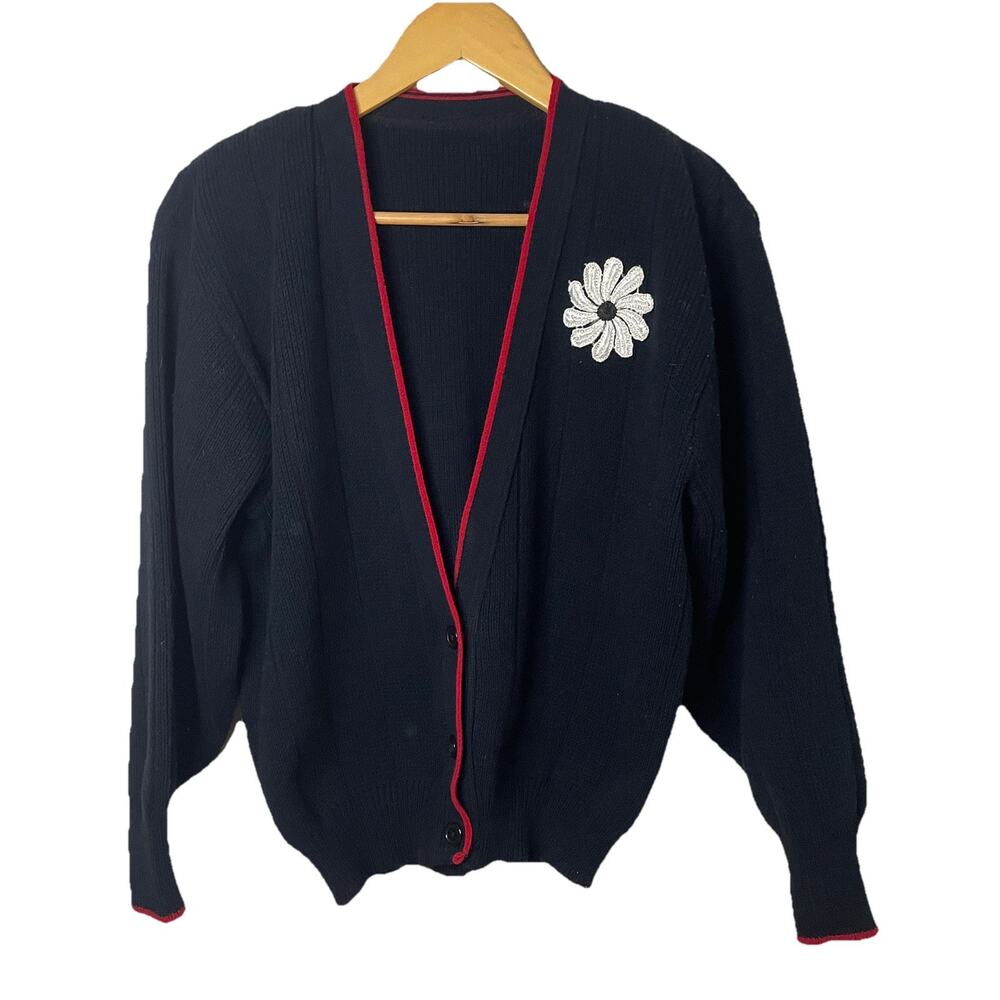 VTG MCM 60s 70s Black V-Neck Cardigan Sweater Rockabilly Flower Appliqué M/L